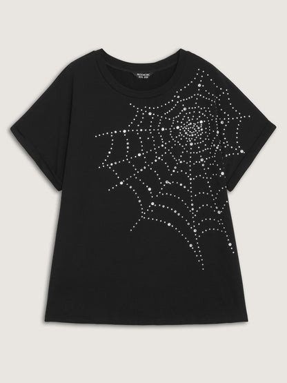 Spiderweb Rhinestone Stretchy Solid T-Shirt