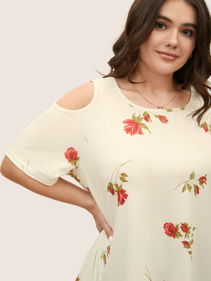 Rose Print Cold Shoulder T-shirt