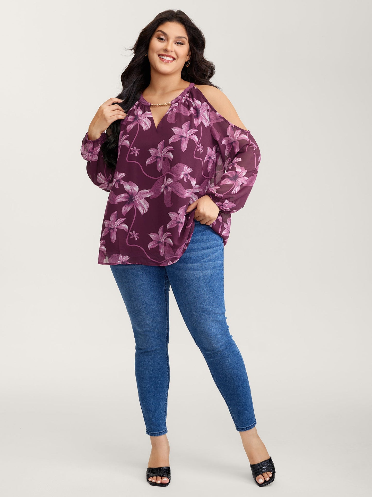 Off-Shoulder Floral Print Metal Detail Blouse