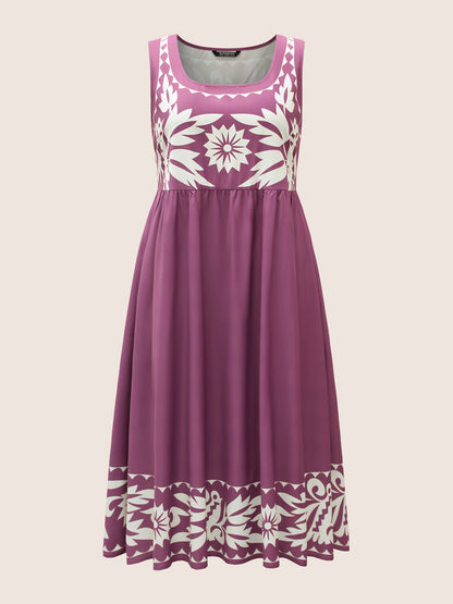 Boho Print Square Neck Elastic Waist Tank Dress