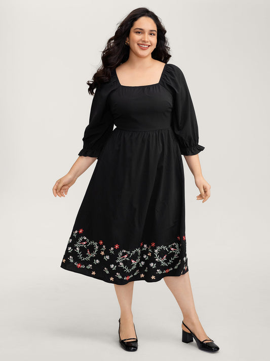 Floral Embroidery Puff Sleeve Midi Dress