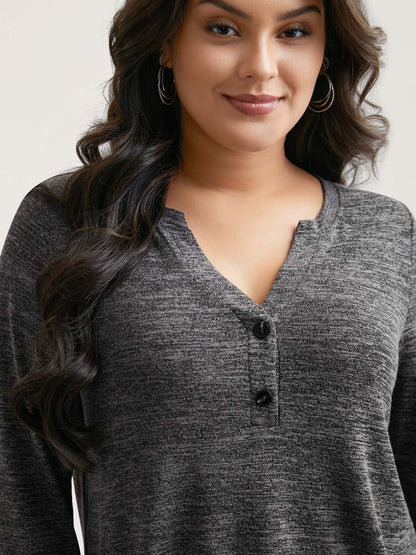 Heather Textured Button-Front Fitted T-Shirt
