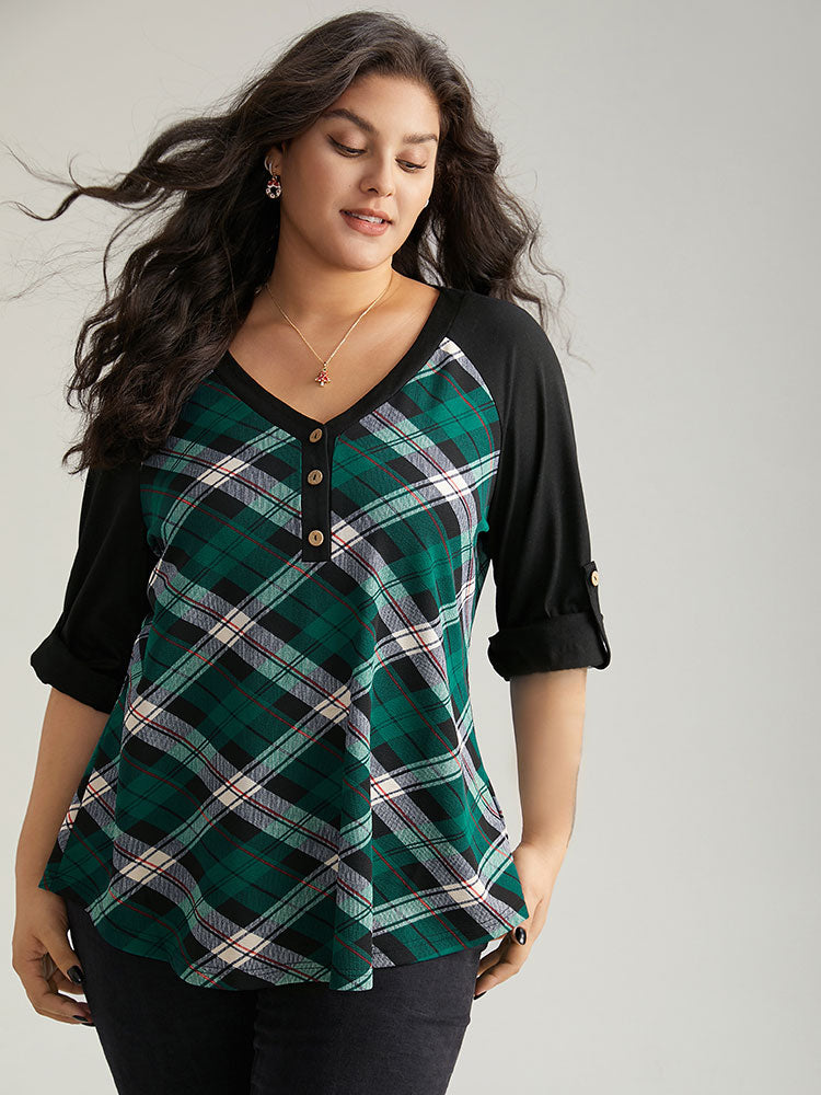 Plaid Contrast Roll Raglan Sleeve T-shirt