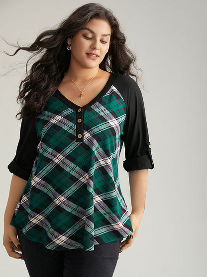 Plaid Contrast Roll Raglan Sleeve T-shirt