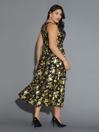 Glitter Silhouette Floral Print Sleeveless Dress