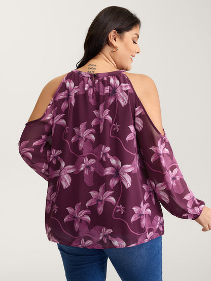 Off-Shoulder Floral Print Metal Detail Blouse