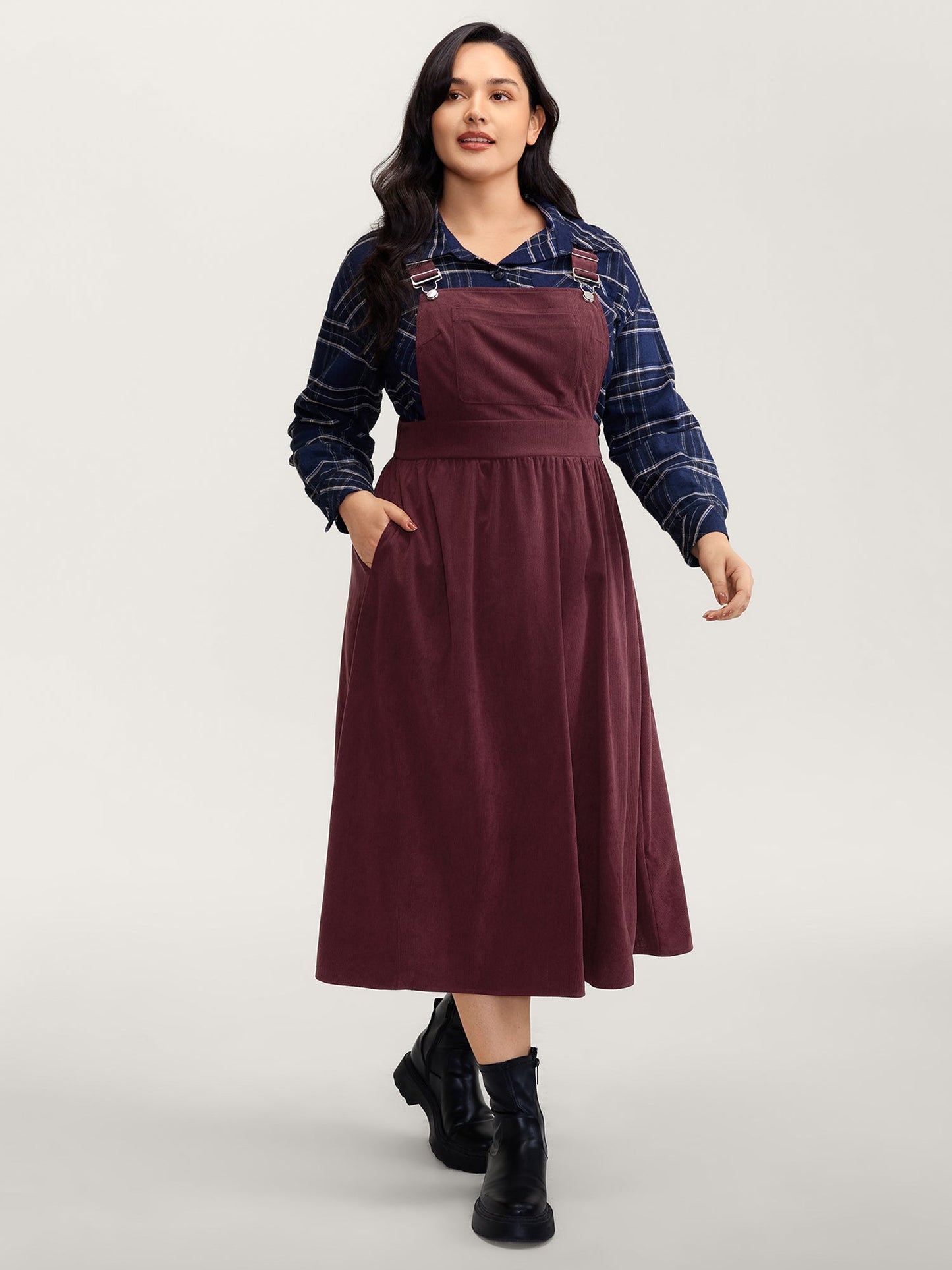 Corduroy Overall Straps Stretchy Back Midi Dress