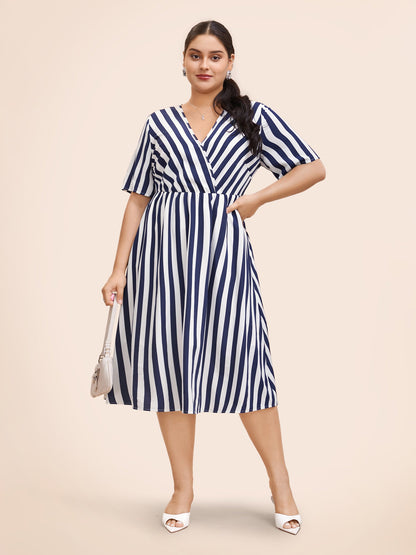 Striped Overlap Collar Ruffle Sleeve Midi Dress