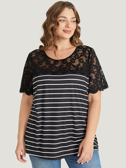 Striped Patchwork Lace Scalloped Trim T-shirt