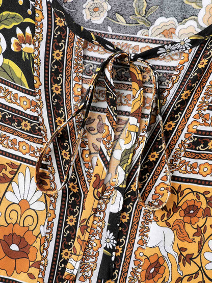 Floral Print Contrast Puffy Sleeve Maxi Dress
