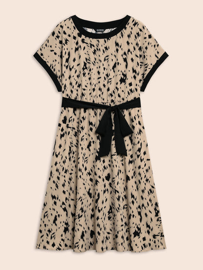 Leopard Print Contrast Trim Dolman Sleeve Dress