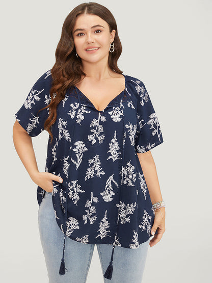 Floral Tassels Tie Neck Contrast Lace  Blouse