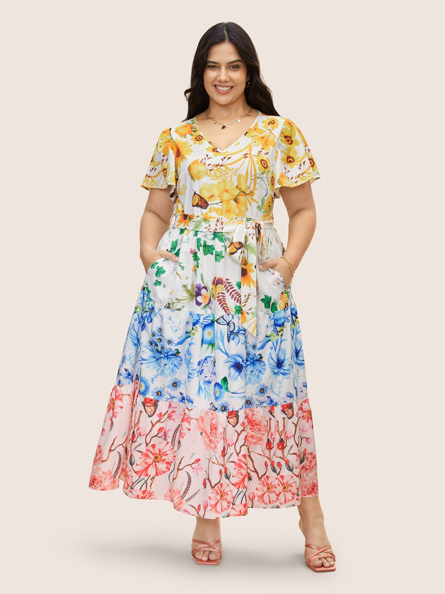 Floral & Butterfly Contrast Ruffle Layered Hem Dress