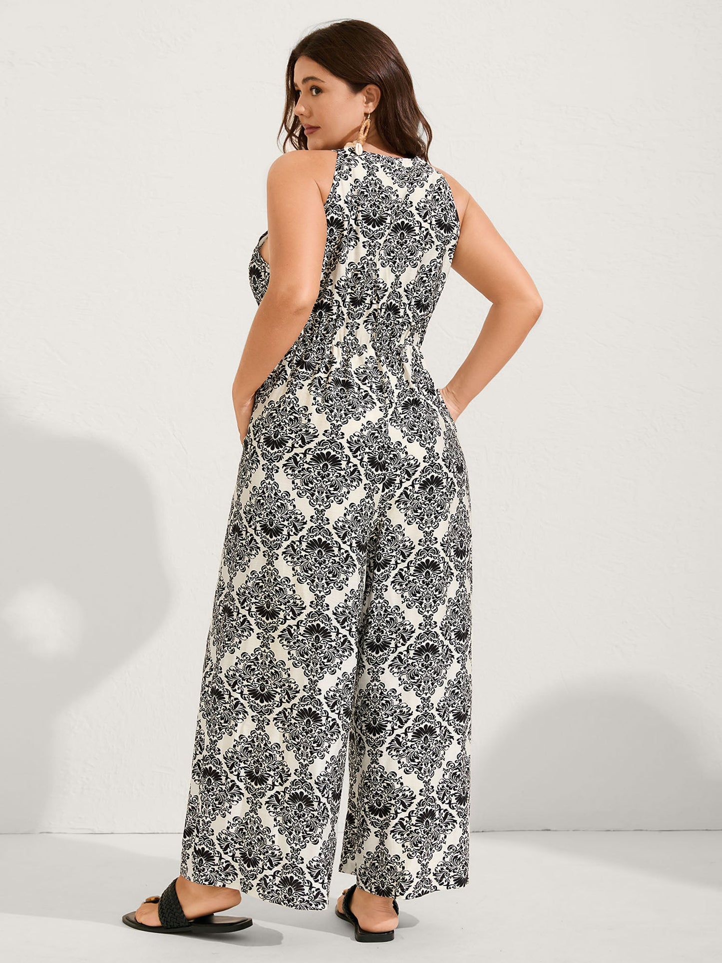 Keyhole Neck Damask Wide-Leg Jumpsuit