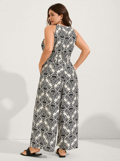 Keyhole Neck Damask Wide-Leg Jumpsuit
