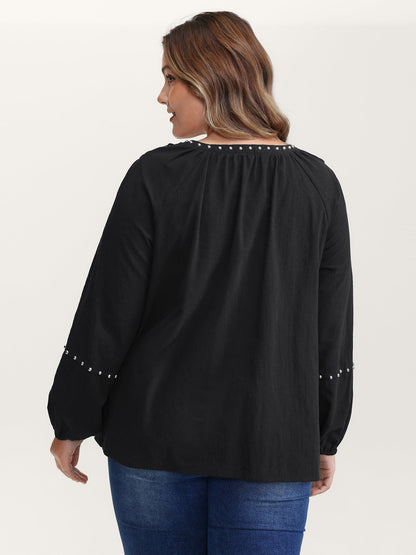 Lace Trim Rivets Cut-Out Blouse