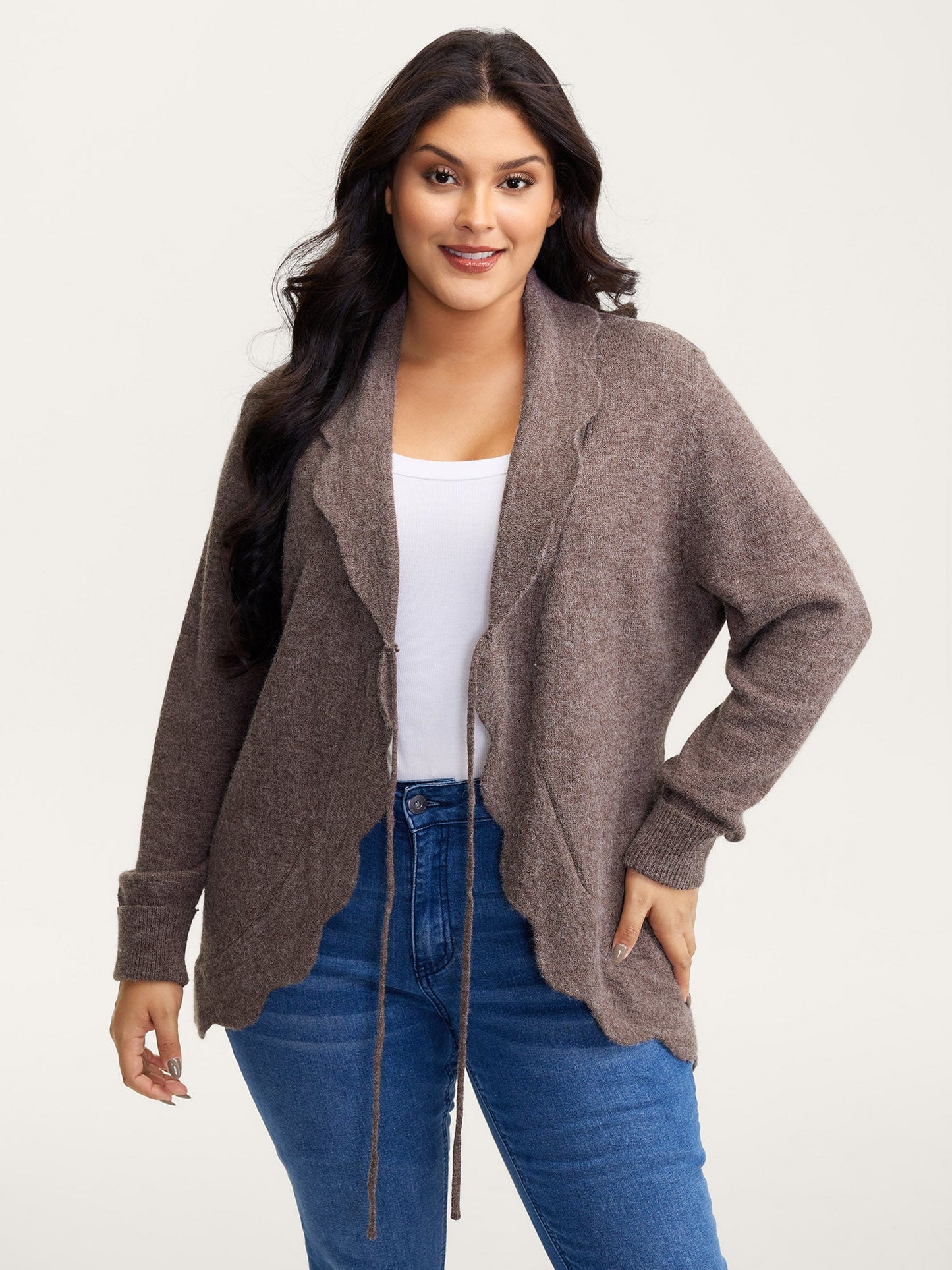 Wavy Arc Hem Tie-Front Knit Cardigan