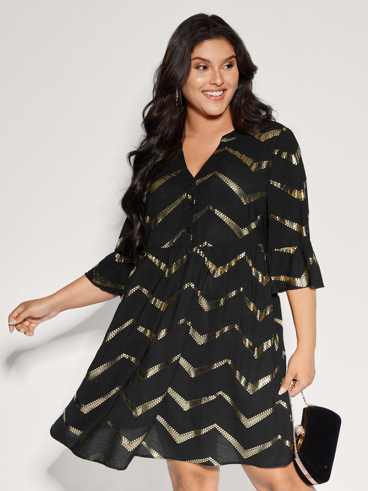 Gold Foil Wavy Knee-Length Dress