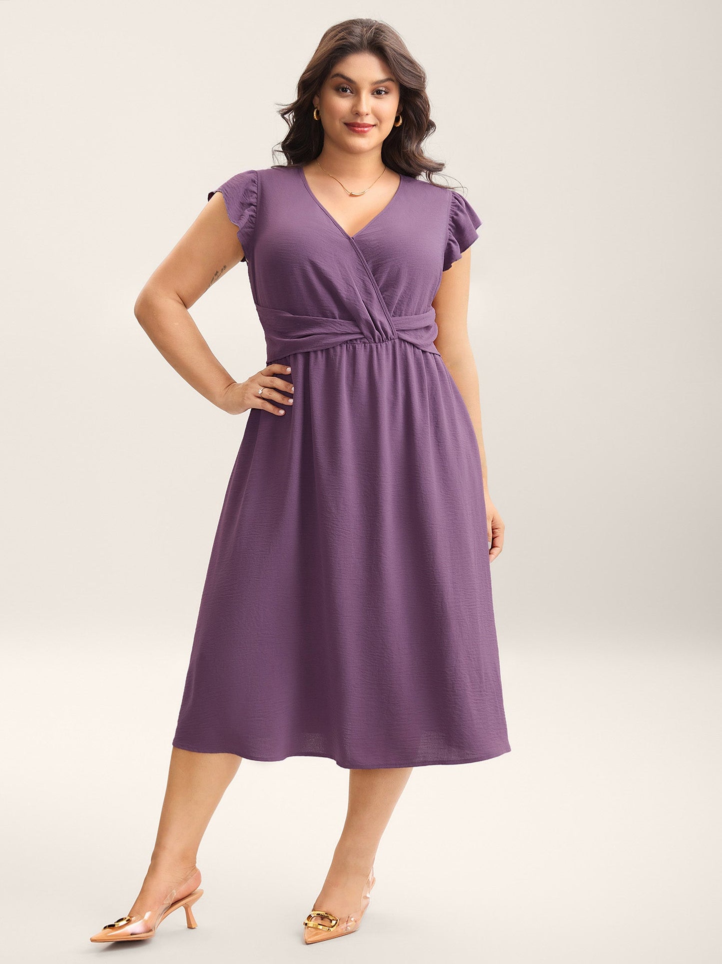 Solid Surplice Neck Pockets Midi Dress