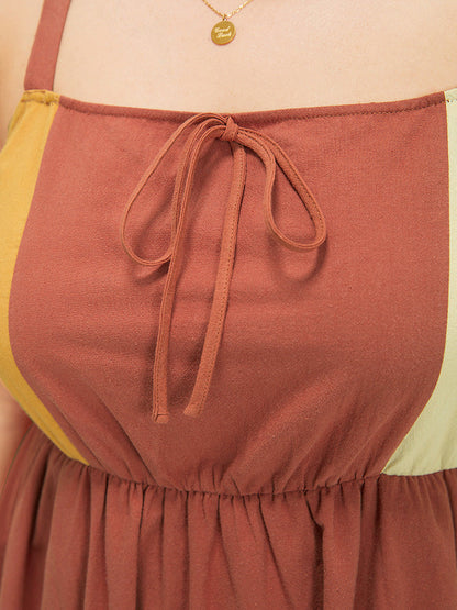 Color Block Contrast Pocket Flutter Hem Knot Cami Dress
