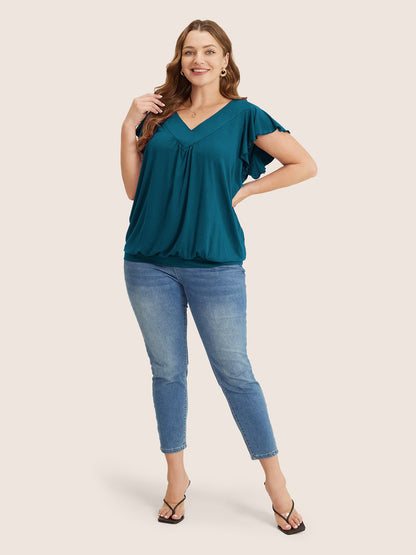 Plain Gathered V Neck Ruffle Sleeve T-shirt