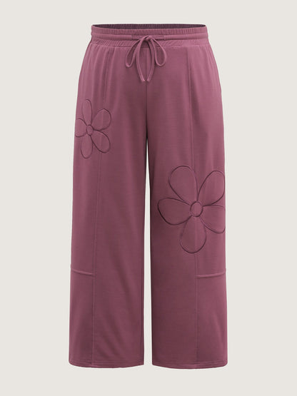 Applique Embroidery Drawstring Wide-Leg Pants