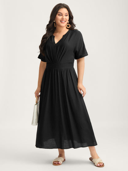 Pleated Cinched Waist Solid Midi Dress
