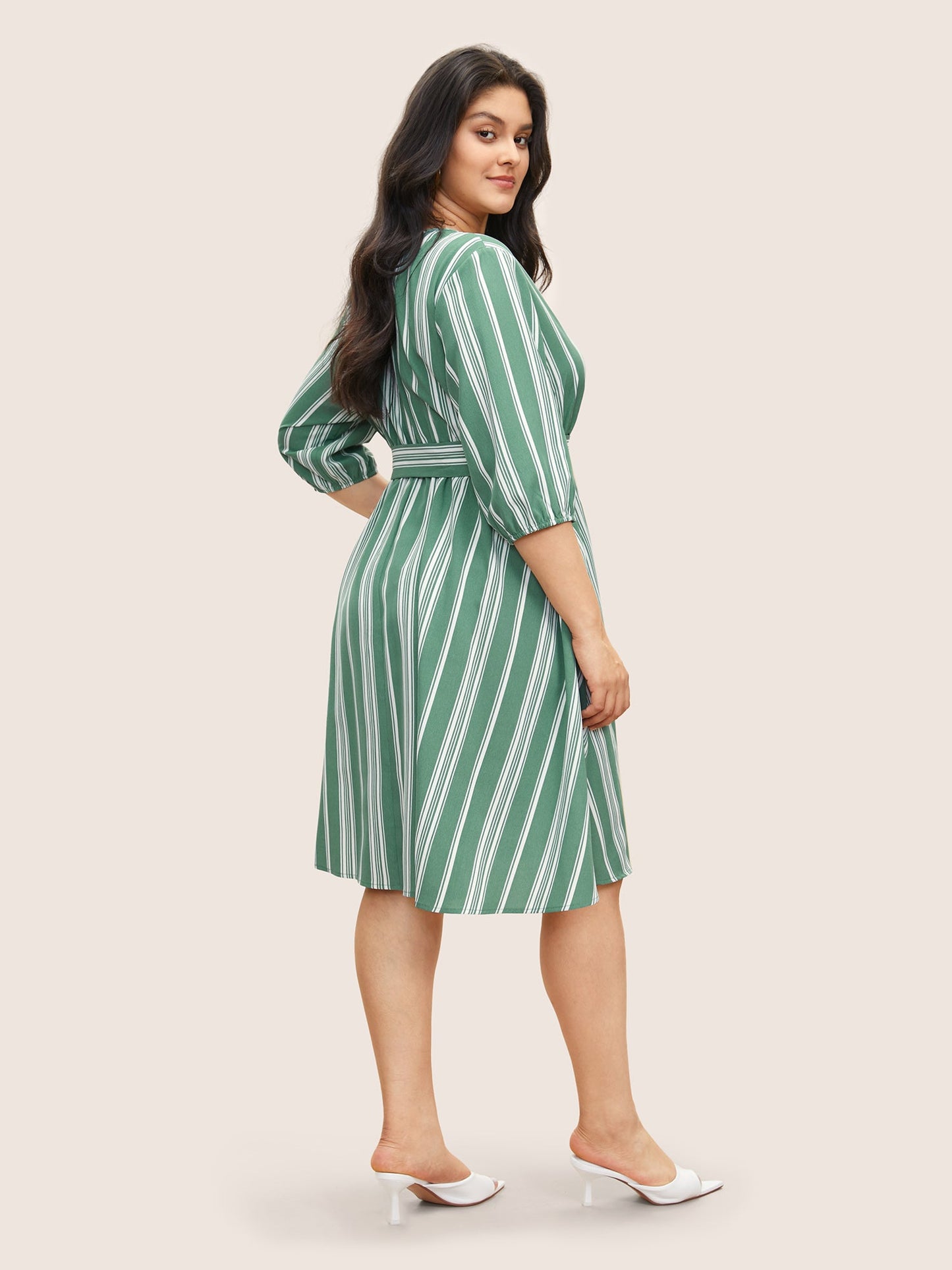 Striped Elastic Waist Belted Wrap Dress