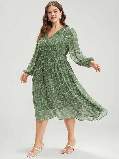 Polka Dot  Lantern Sleeve Pocket Shirred Flutter Dress