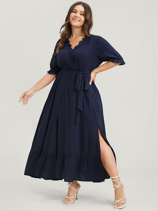 Solid Knotted Pocket Lace Trim Wrap Maxi Dress