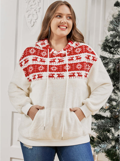 Elk & Snowflake Print Pocket Drawstring Hooded Sweatshirt