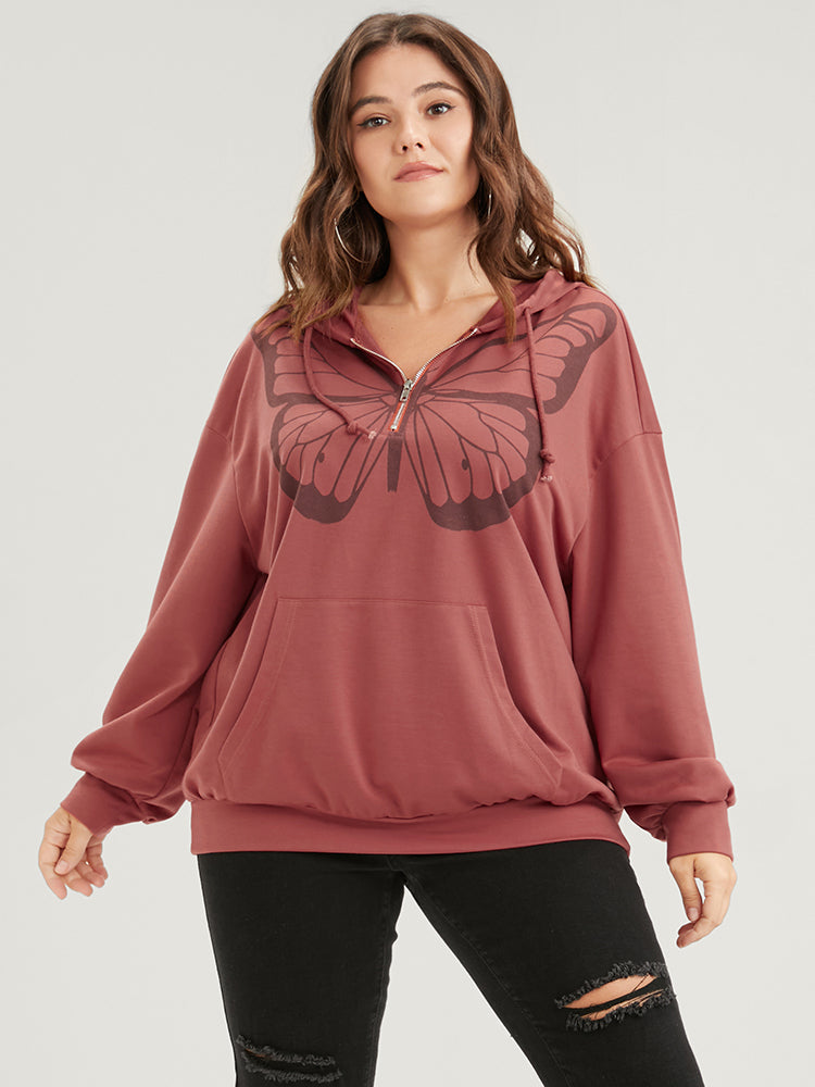 Butterfly Print Half Zipper Drawstring Hooded  Sweatshirt