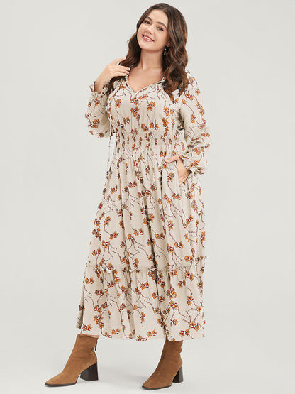 Floral Lantern Sleeve Pocket Tie Neck Shirred Midi Dress