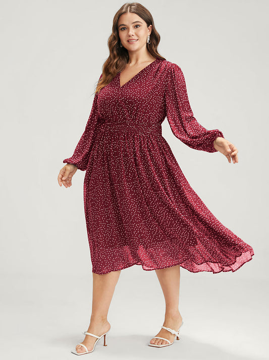 Polka Dot  Lantern Sleeve Pocket Shirred Flutter Dress