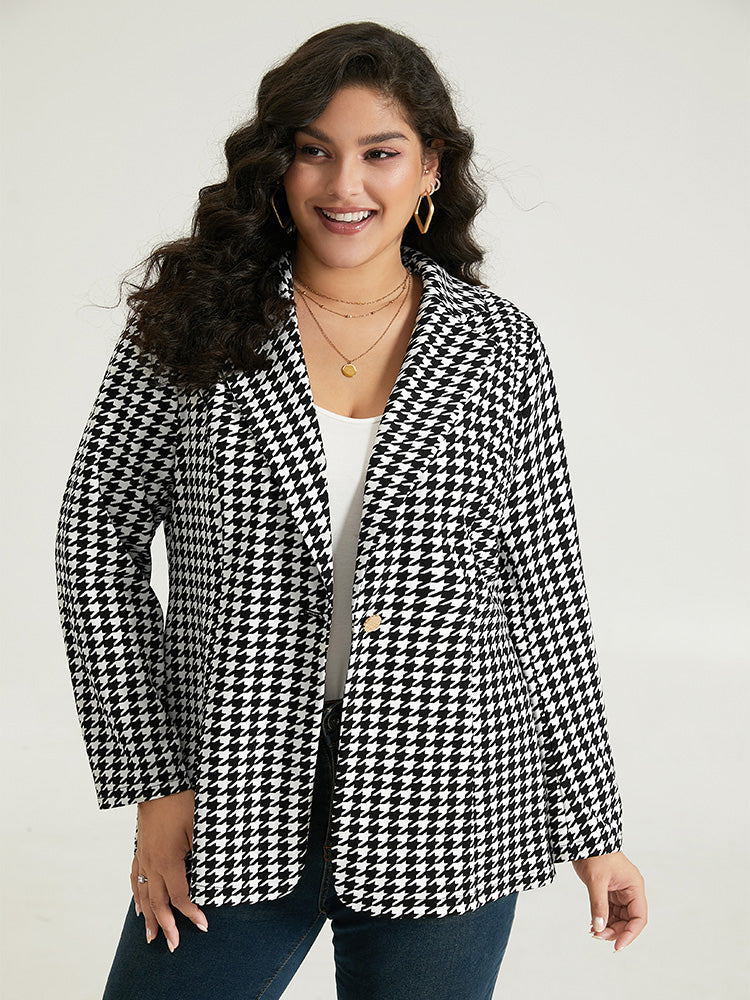 Houndstooth Button Up Suit Collar Blazer