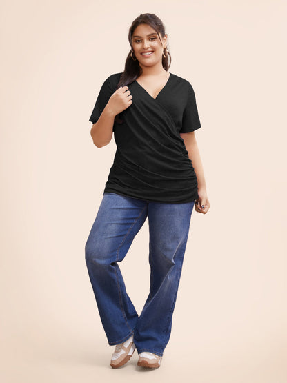 Solid Heather Overlap Collar Gathered T-shirt