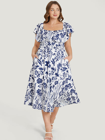 Floral Ruffle Trim Square Neck Shirred Pocket Dress