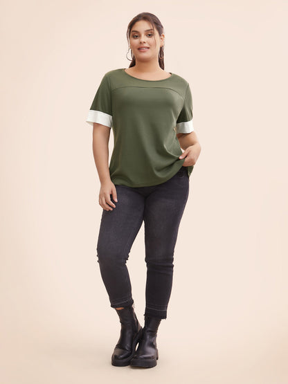 Crew Neck Waffle Knit Patchwork Contrast T-shirt
