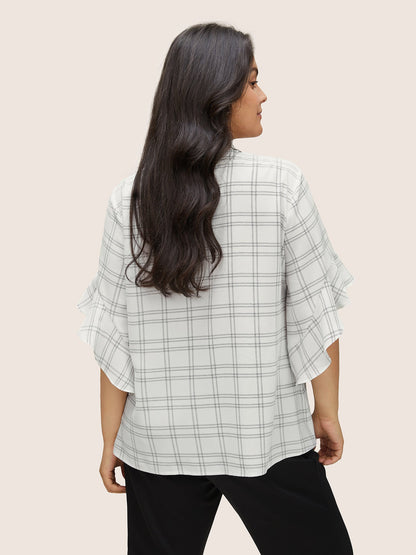 Plaid Notched Patchwork Ruffle Sleeve Blouse