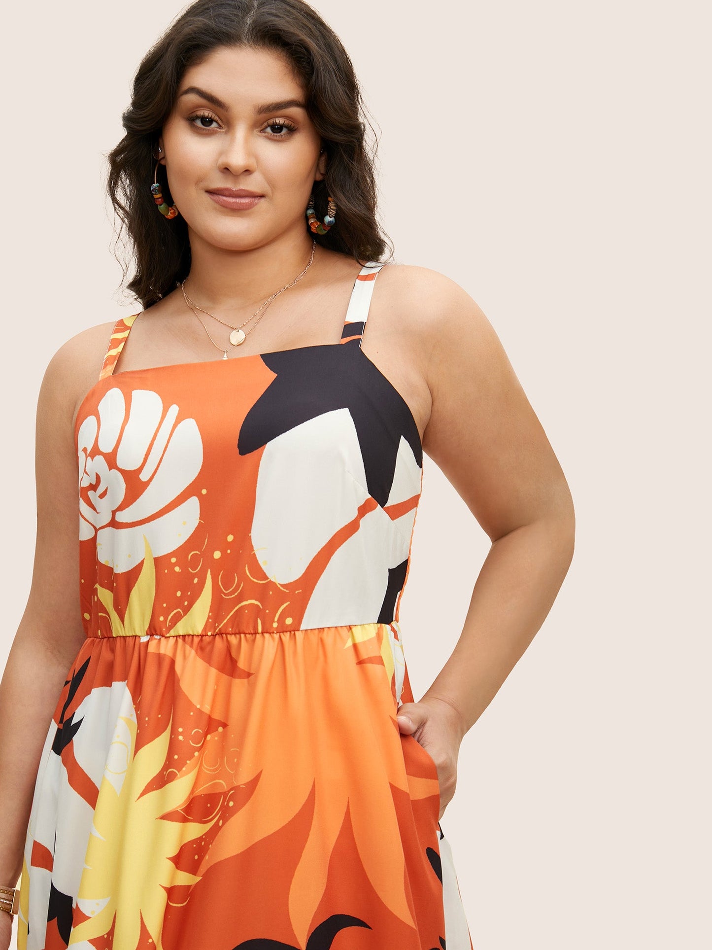 Tropical Print Square Neck Maxi Dress