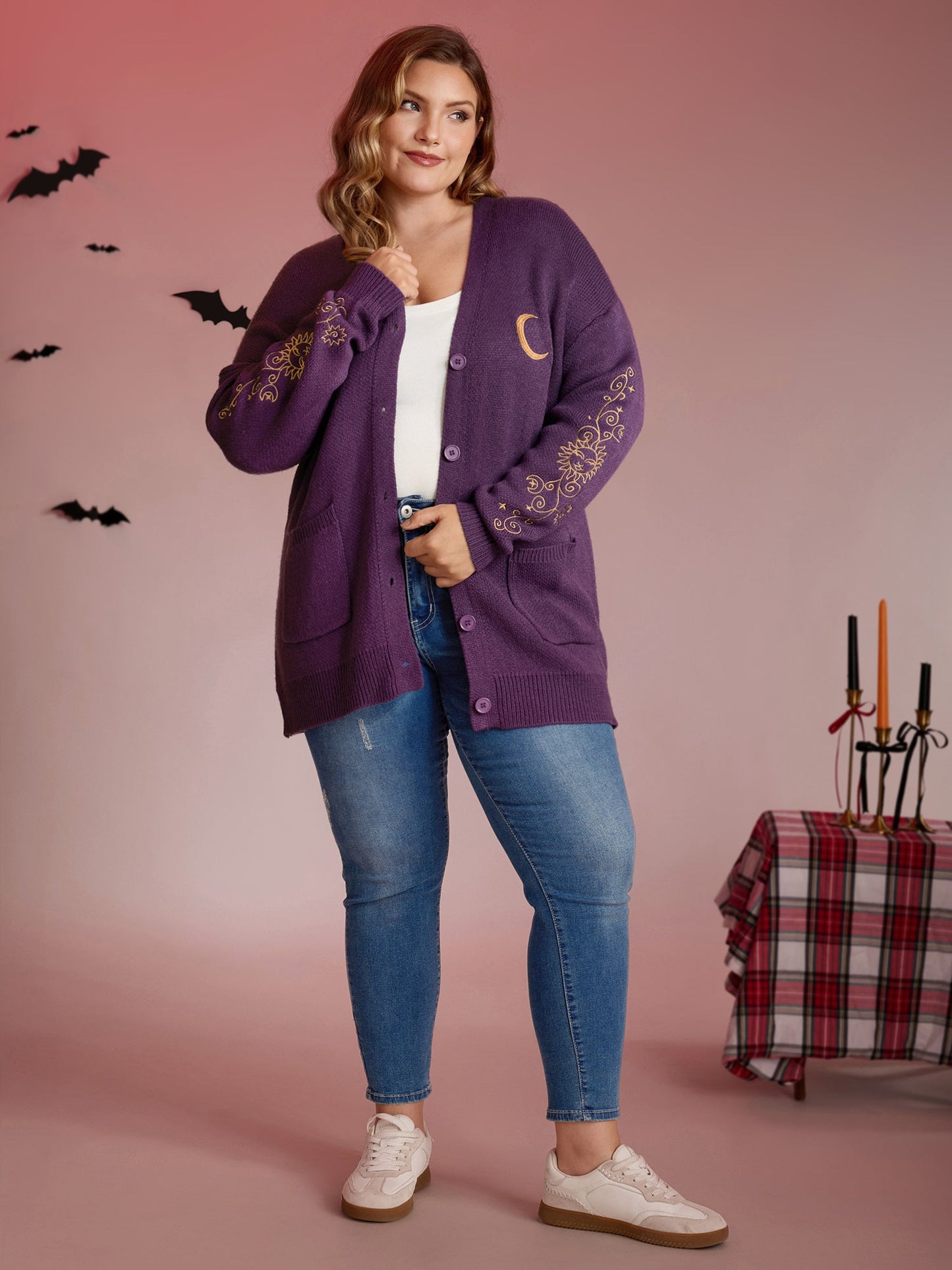 Star Embroidery Button Pockets Knit Cardigan