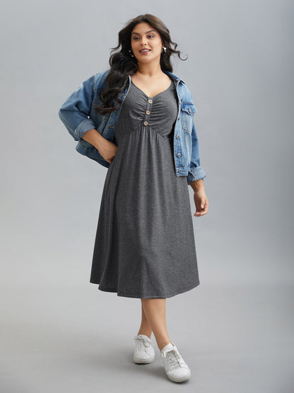 Gathered Button Detail Plain Knit Dress