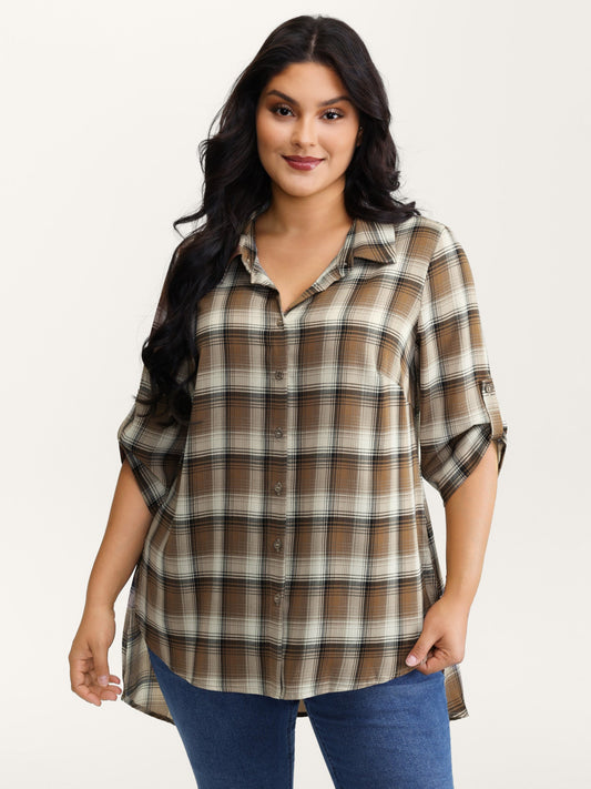 Plaid Pattern Button-Down Tunic Shirt