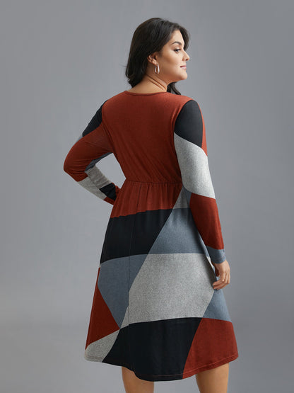 Round Neck Geometric Colorblock Contrast Dress
