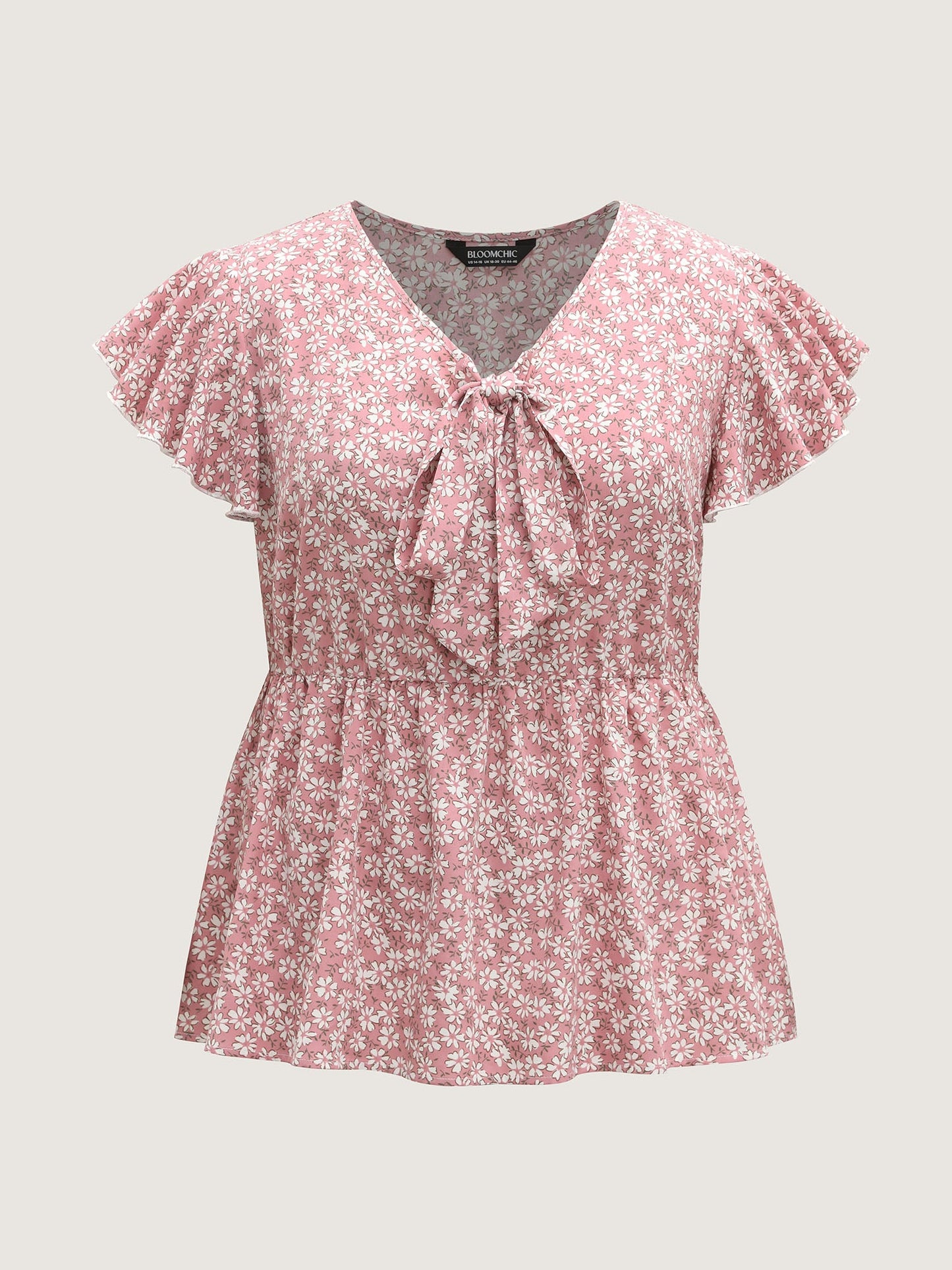 Ribbon Neck Floral Print Ruffled Blouse