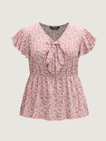 Ribbon Neck Floral Print Ruffled Blouse