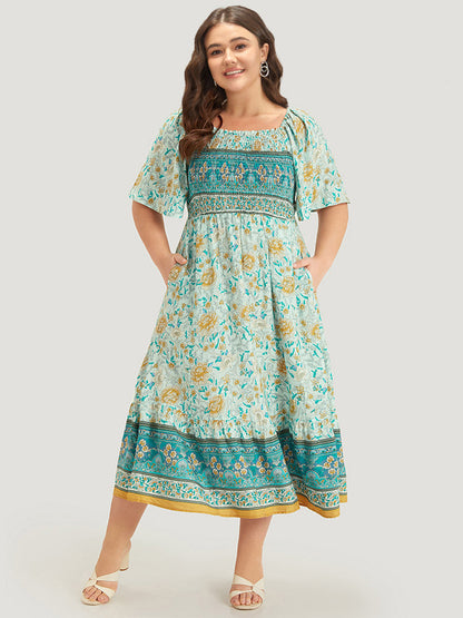 Floral Print Shirred Square Neck Dress