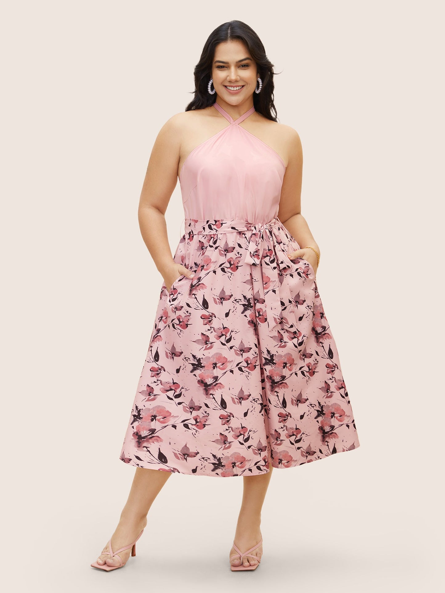 Halter Neck Floral Patchwork Midi Dress