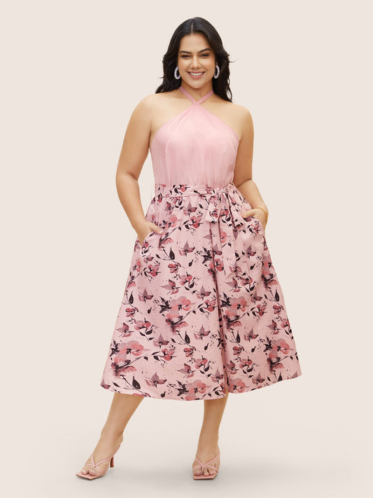 Halter Neck Floral Patchwork Midi Dress