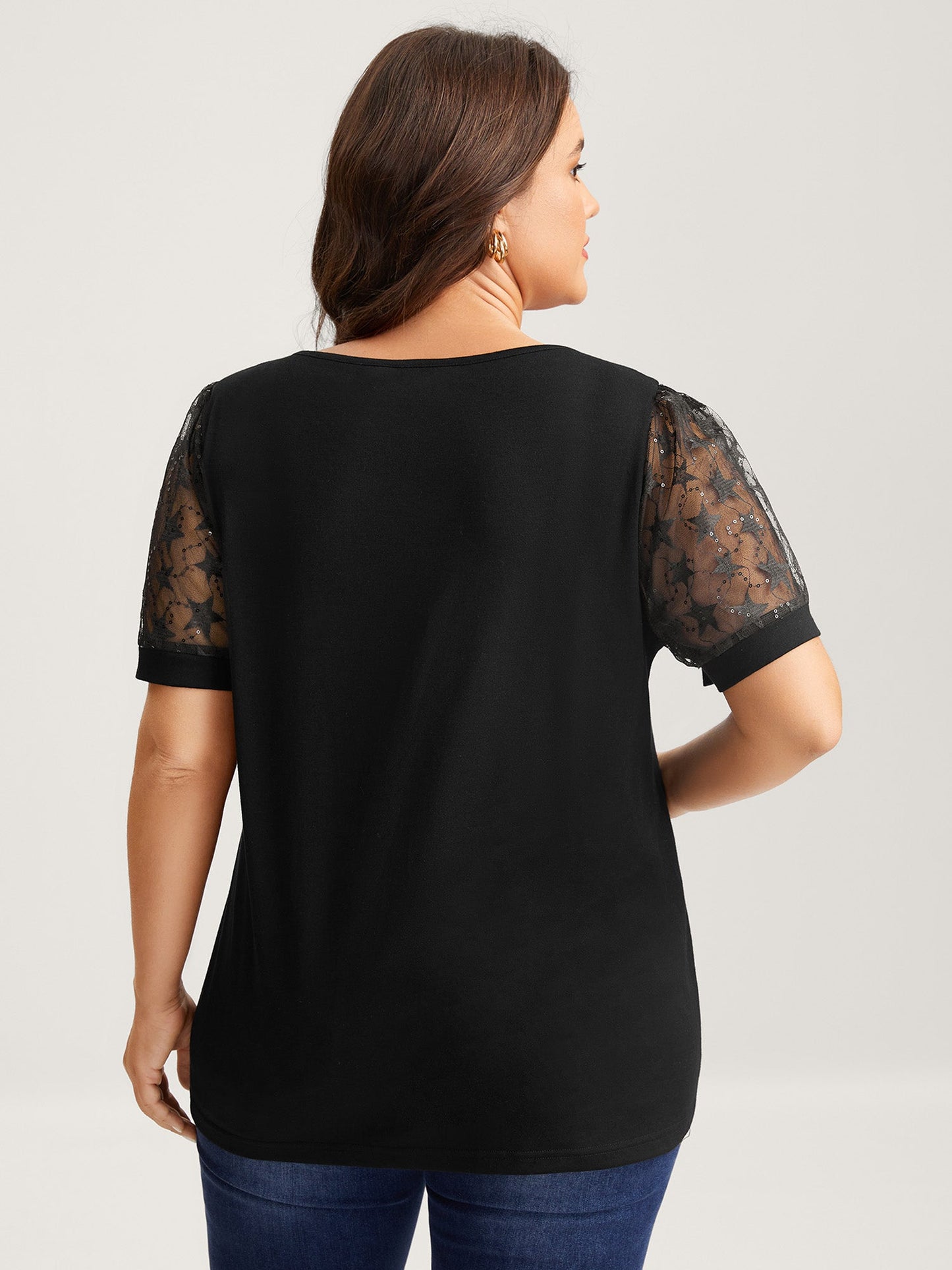 Beaded Mesh Sheer Patchwork T-Shirt